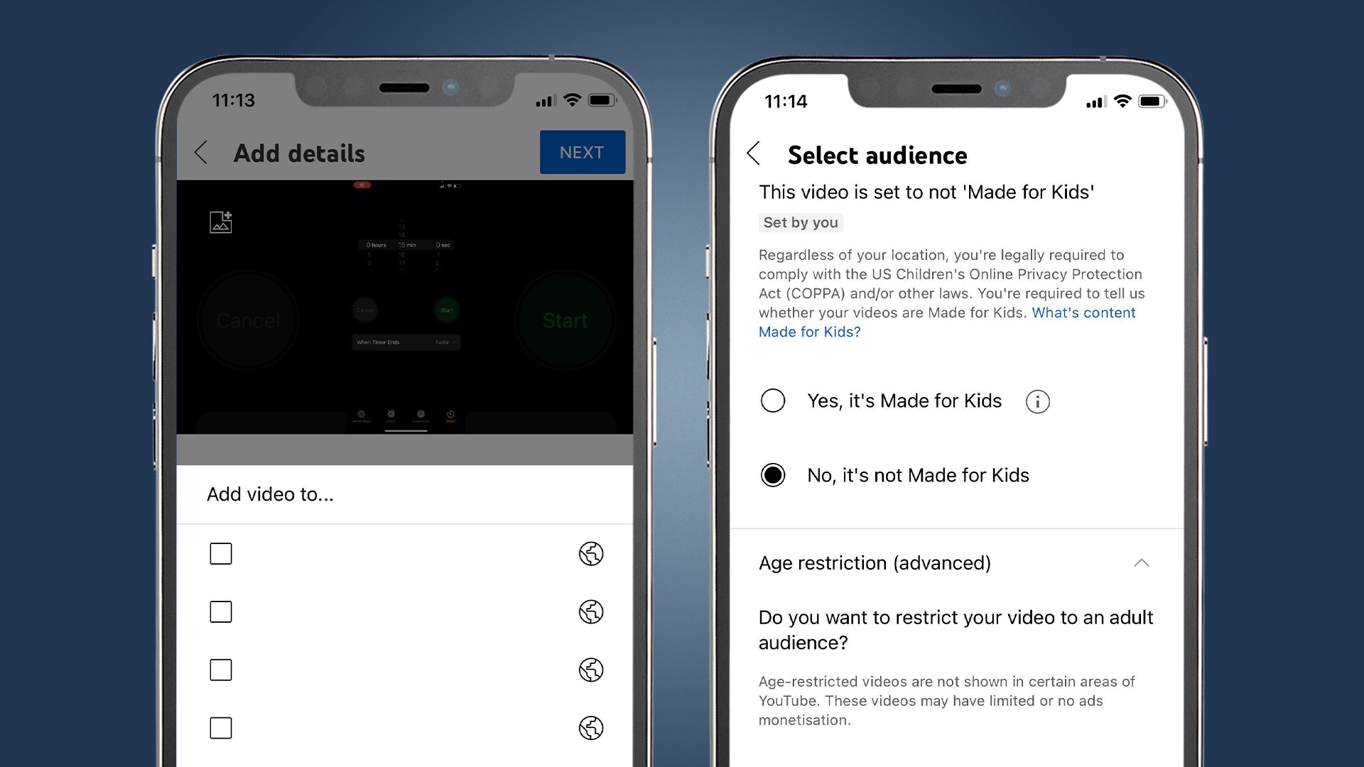 Two iPhones showing the process of uploading a YouTube video