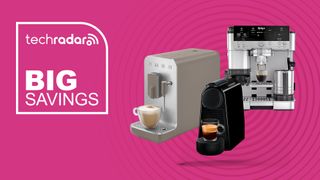 Coffee machines on a magenta background with a Big Savings logo
