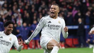 Real Madrid's Brazilian forward #16 Endrick, celebrates victory after the penalty shoot out after the UEFA Champions League Round of 16 second leg football match ahead of the Real Madrid vs Real Sociedad live stream
