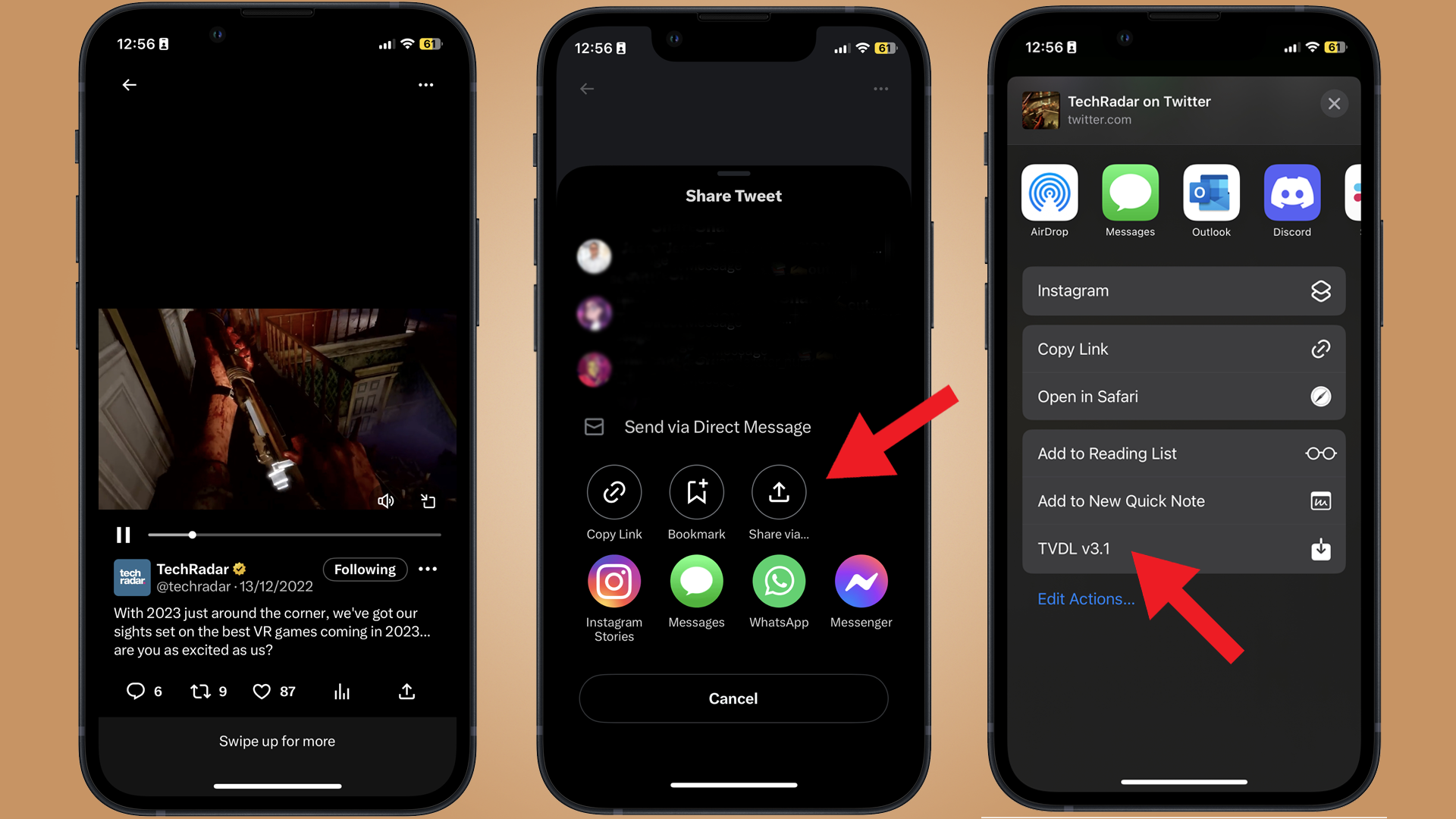 iPhone showing how to share the Twitter video to the Twitter Video Download shortcut