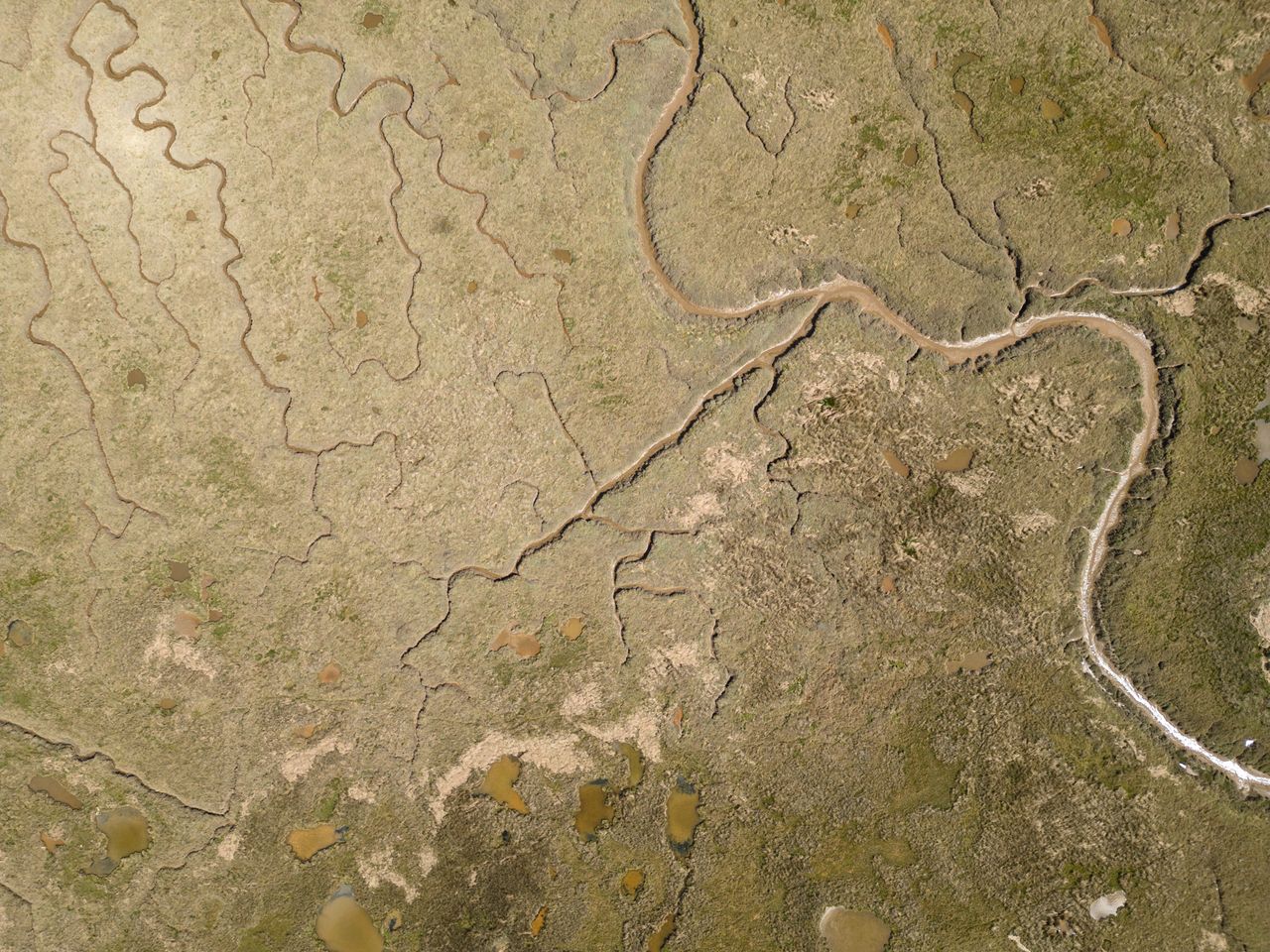 An aerial photo of some mud flats