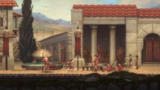 An in-game screenshot of 2D action game God of War Sons of Sparta showing a Spartan settlement