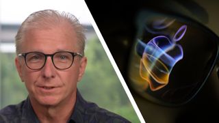 A photo of Apple's Greg Joswiak next to a mocked up pair of Apple smart glasses