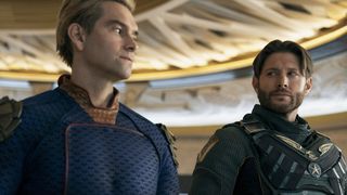 Homelander and Soldier Boy glancing at each other in The Boys season 5 episode 5