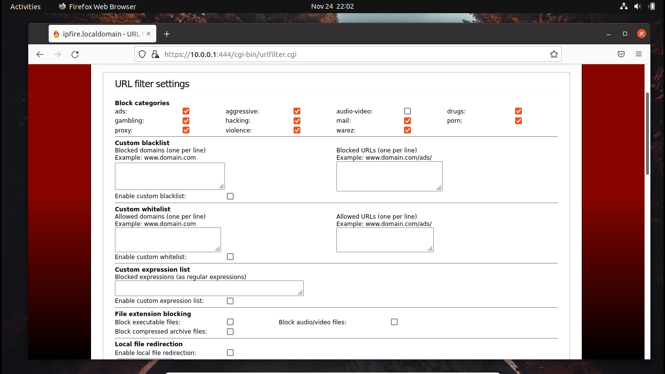 IPFire's interface for URL filtering
