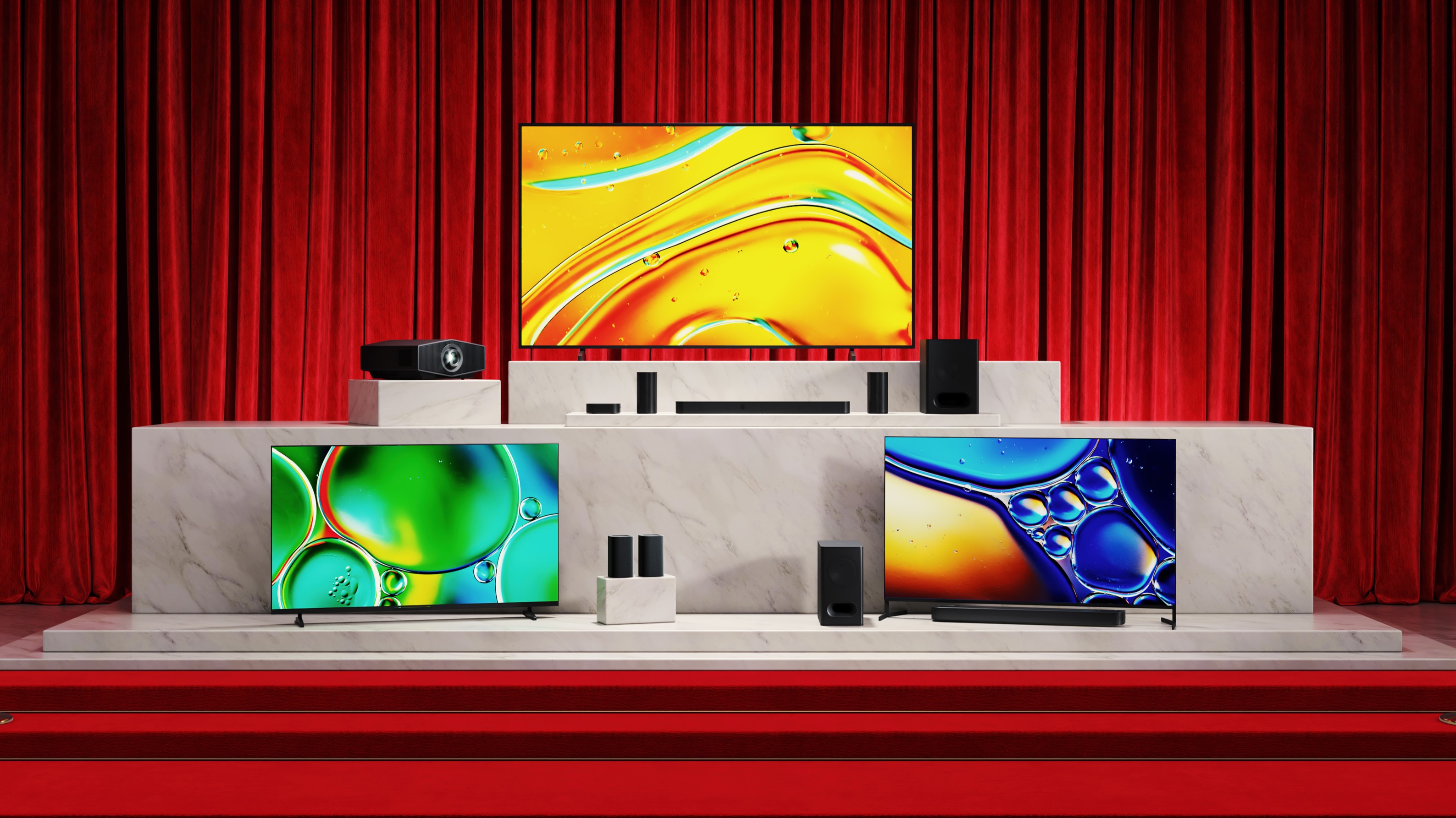 Sony Bravia 8 II and other new TVs on podium with red curtain in back