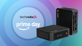 Beelink Ryzen 7 6800H mini PC on a rainbow background next to a TechRadar badge reading 'Prime Day'