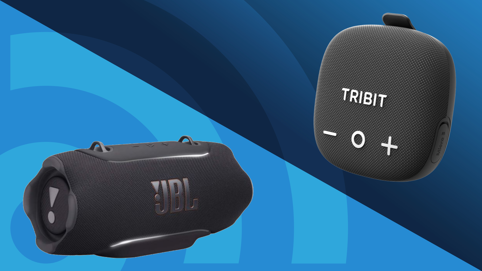 JBL Xtreme 5 and Tribit Stormbox Micro 3 on a blue gradient background