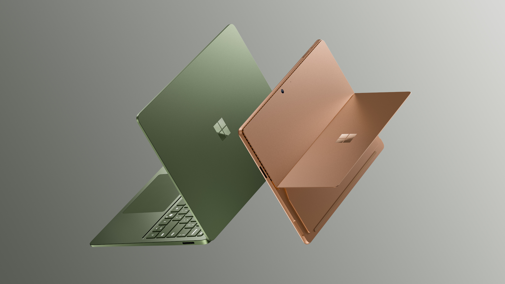 Surface Pro and Surface Laptop shown back-to-back, you can see both lids and Windows logos