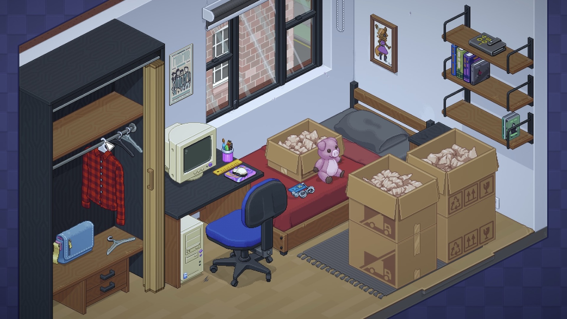 A bedroom with a PC, desk and office chair beside open moving boxes