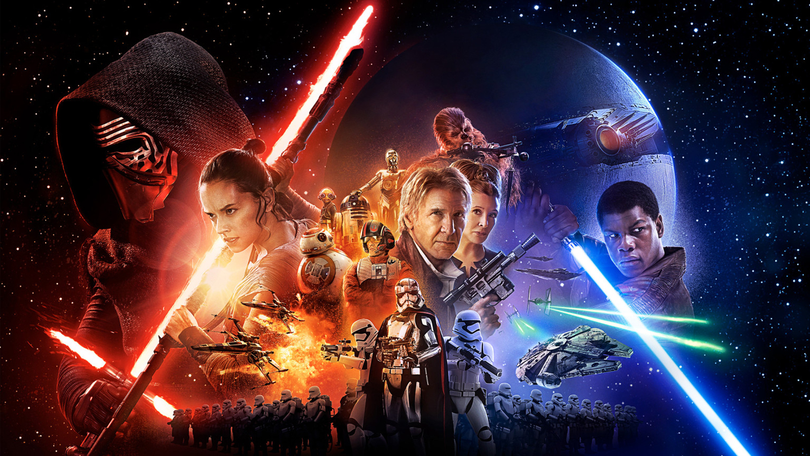 A shot of the movie poster for Star Wars The Force Awakens
