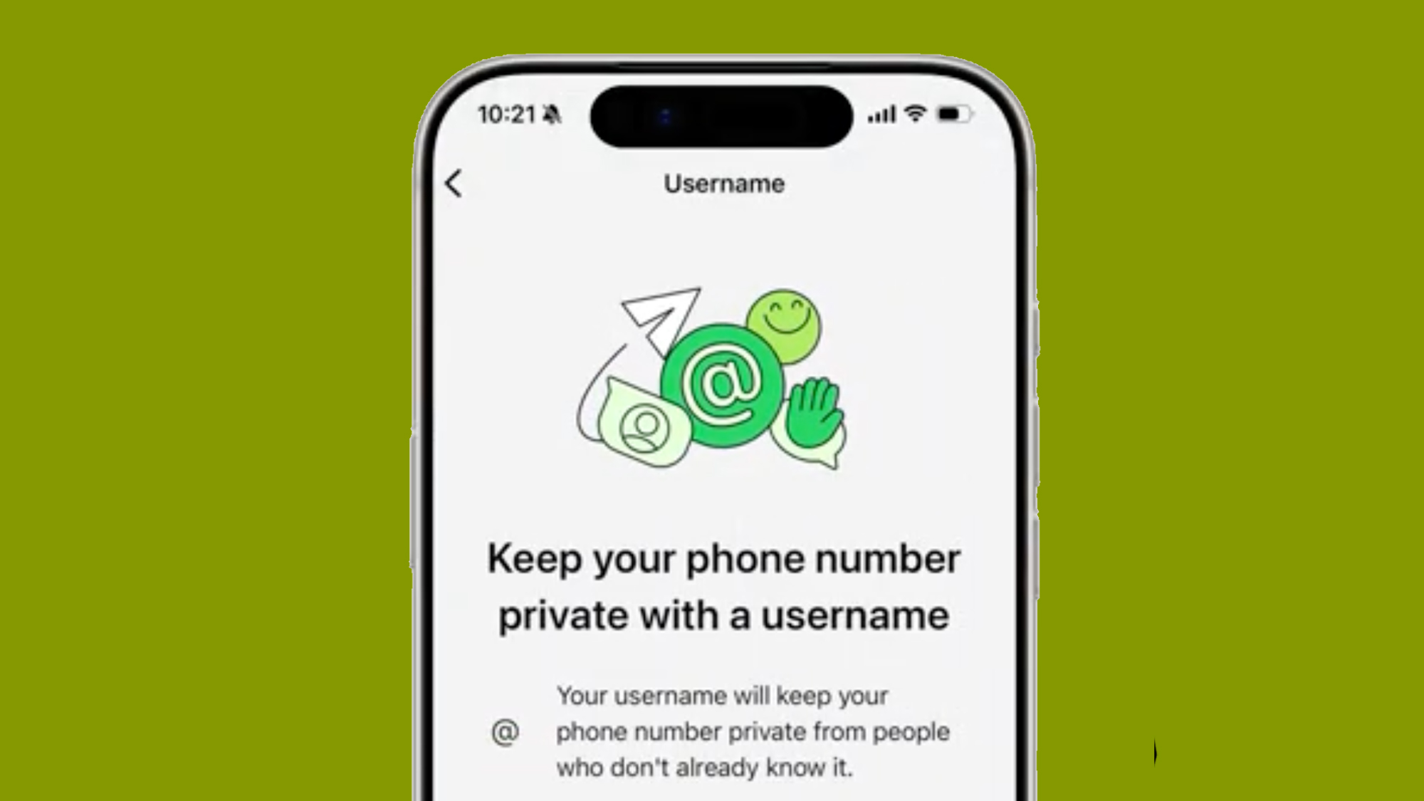 A phone on a green background showing the WhatsApp username setup process