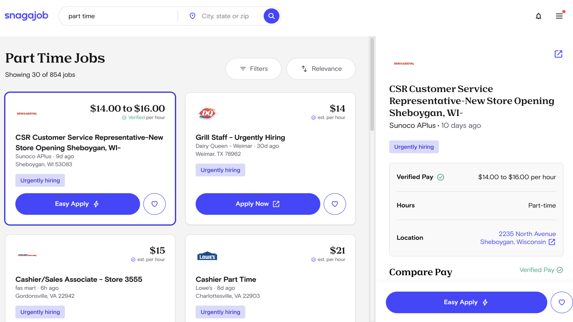 Sample job listings on Snagajob