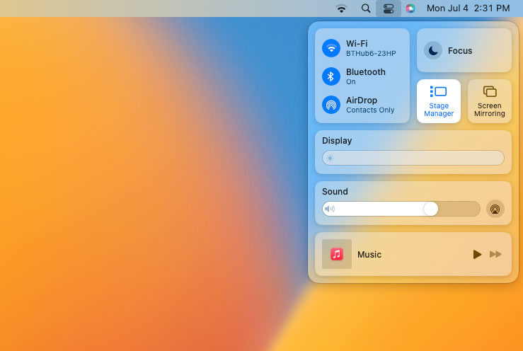 The Control Center in macOS Ventura showing Stage Manager being enabled.