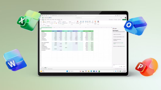 The Microsoft Office 2024 suite on a tablet, with icons for Excel, Word, Outlook, and PowerPoint flying from a screen displaying a spreadsheet