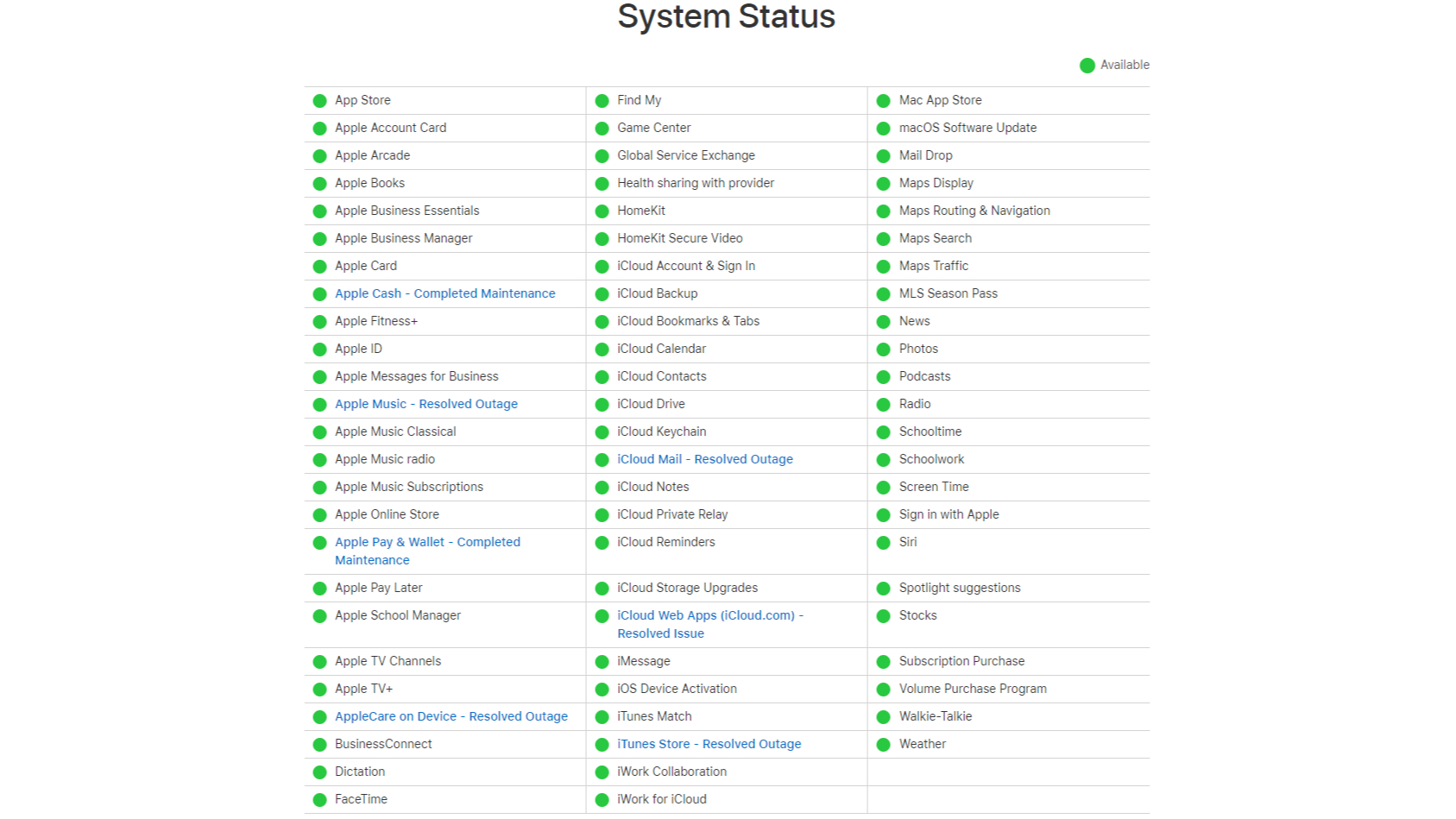 Apple's iCloud service status