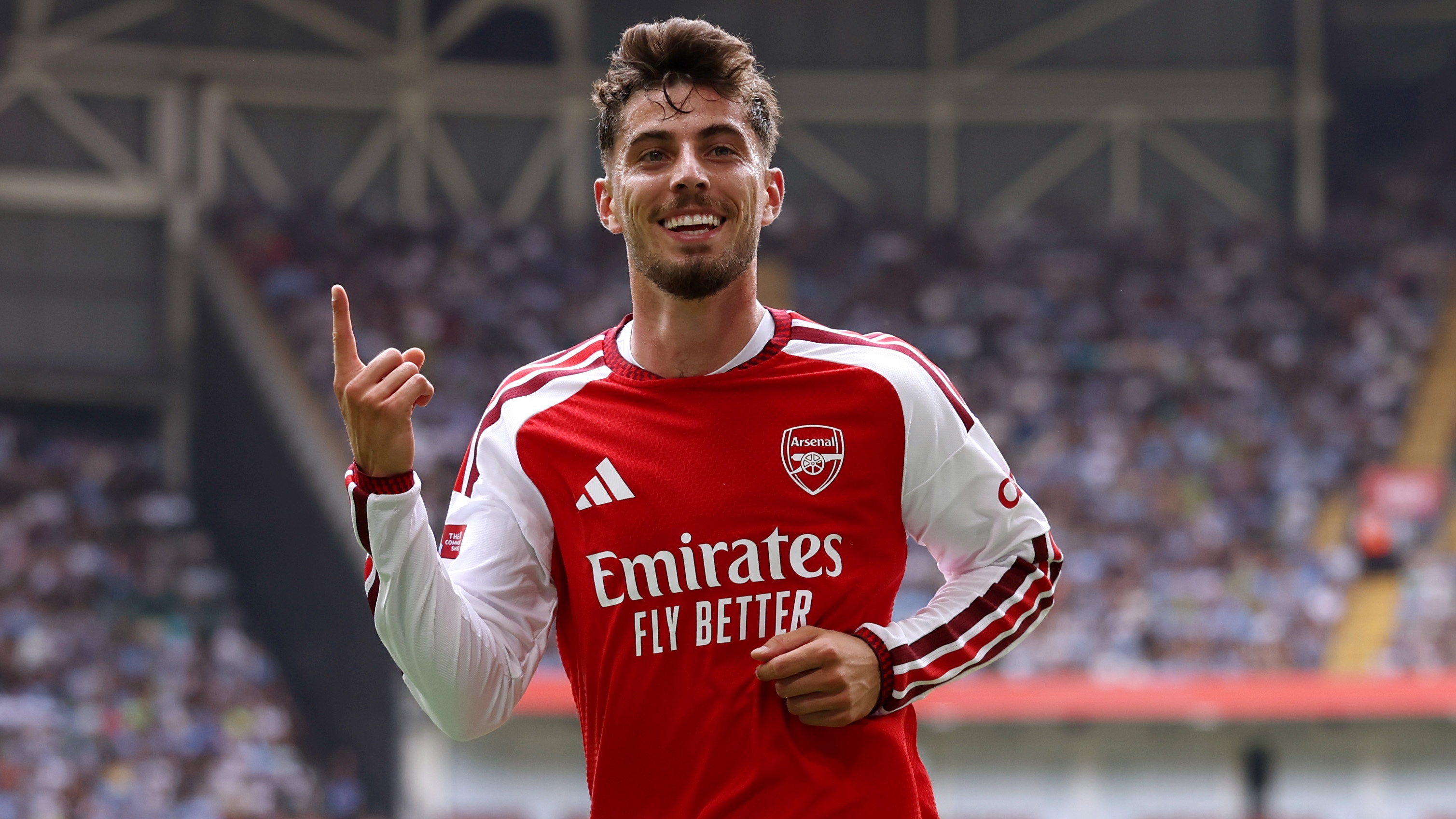 Kai Havertz of Arsenal celebrates after scoring a goal to make it 2-0 during the 2026 FA Community Shield match between Arsenal and Manchester City at Principality Stadium on August 16, 2026 in Cardiff, Wales.