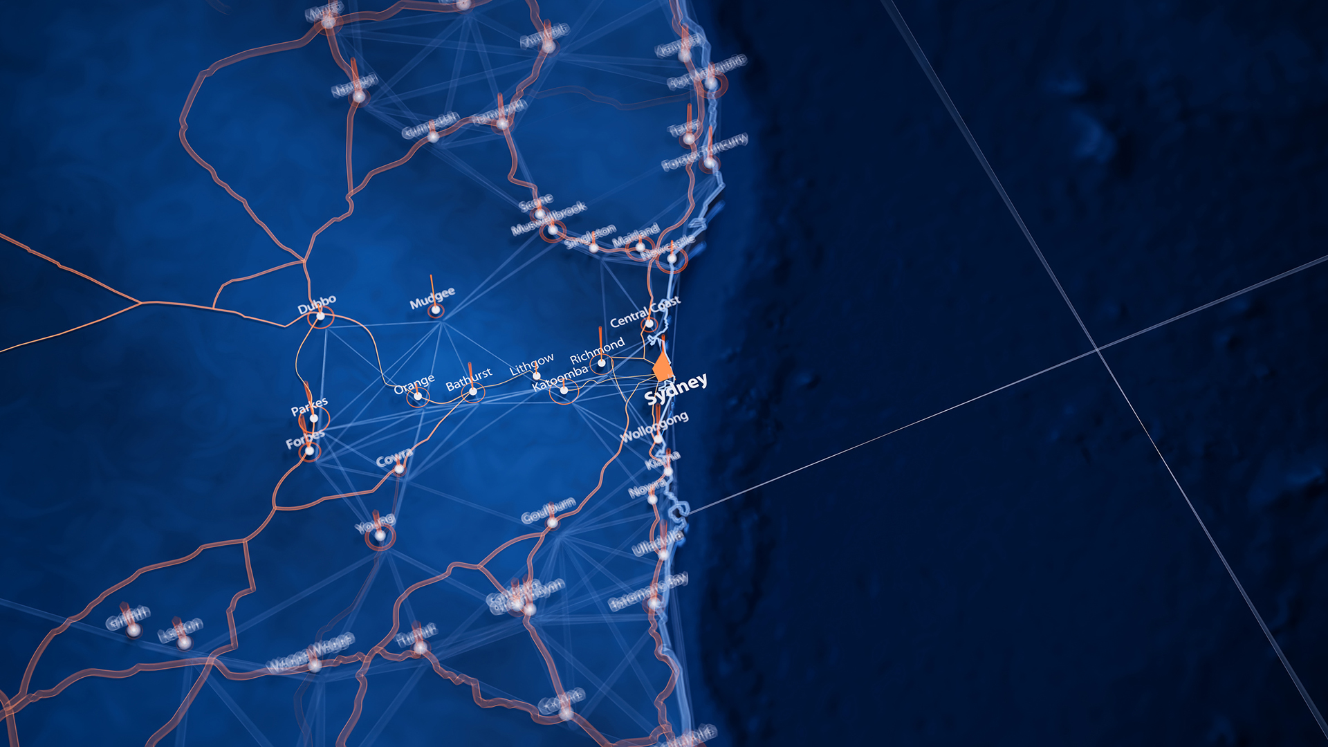 Sydney map big data visualization. Futuristic map infographic of city in Australia. Visual map data complexity in modern blue and orange colors.