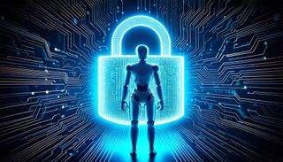 AI-generated image of an android standing in front of a circuit board background with a giant padlock in the middle
