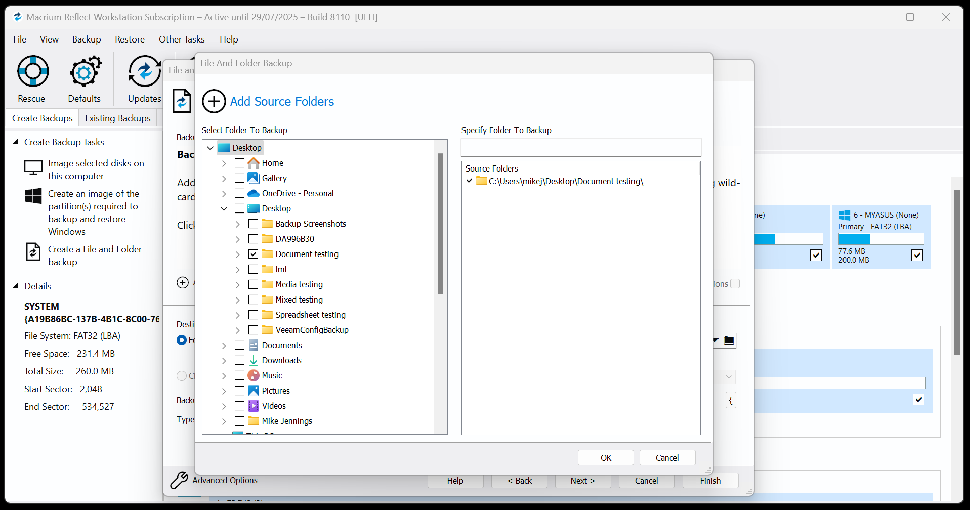 Adding source folders to back up in Macrium Reflect.