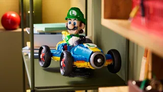 Luigi & Mach 8 Mario Kart lego set on a shelf