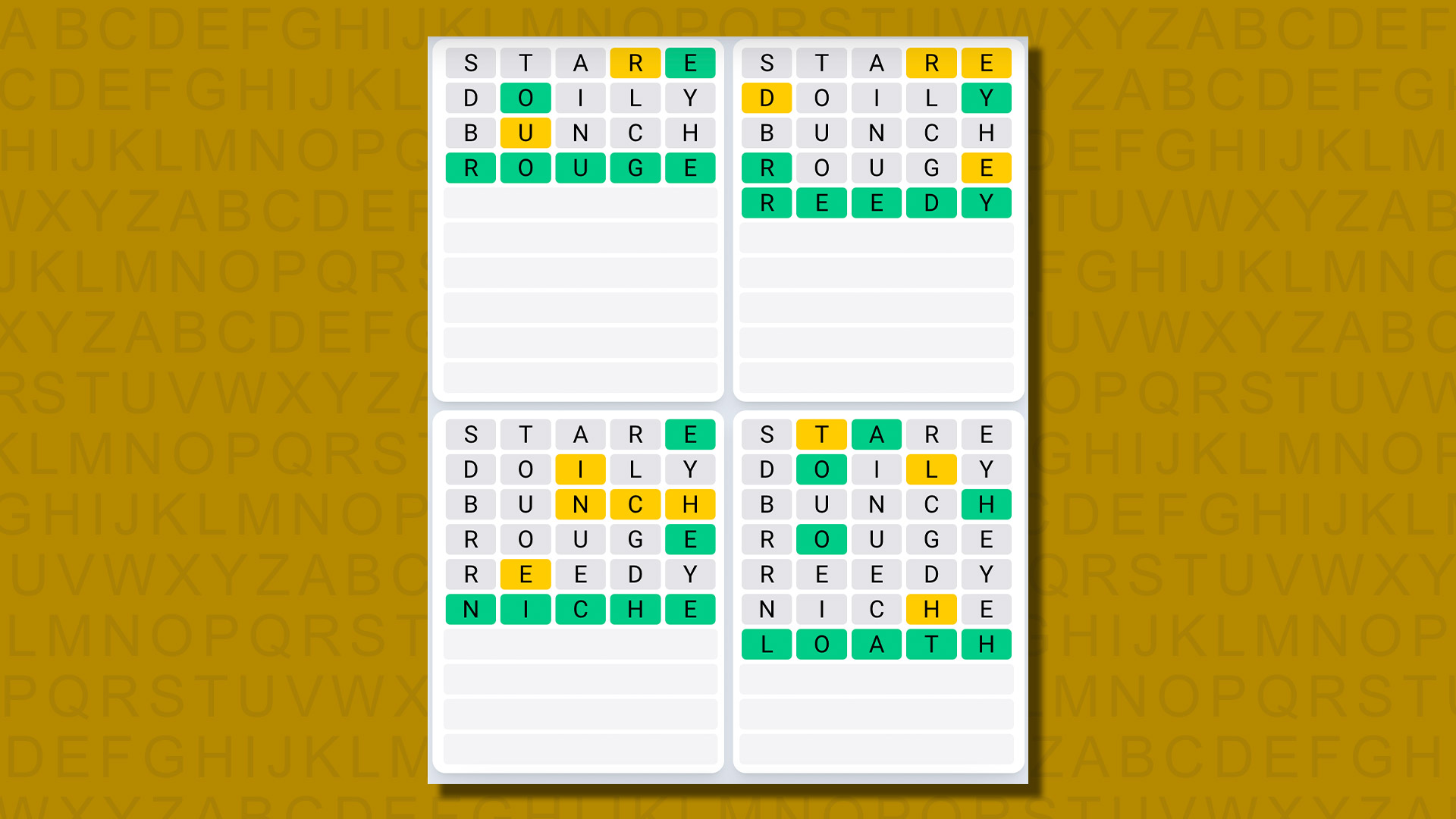 Quordle daily sequence answers for game 629 on a yellow background