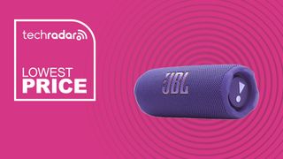 JBL Flip 7 on magenta background with the words 'TechRadar: lowest price'