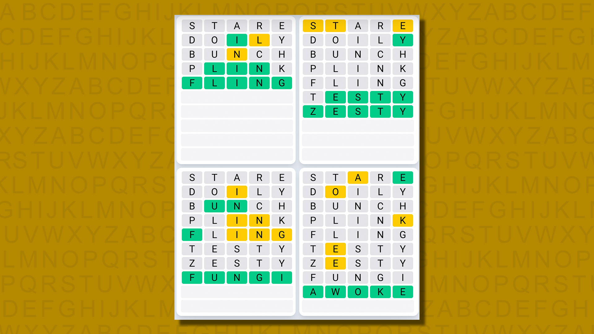 Quordle daily sequence answers for game 622 on a yellow background