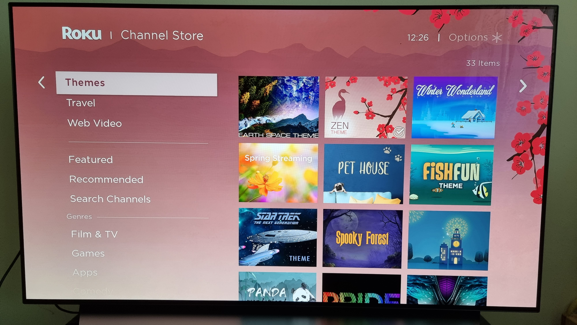 Menu displaying Roku themes in the Roku Channel Store