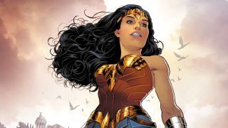 A screenshot of Diana Prince smiling and wearing her iconic Wonder Woman costume in a DC comic book