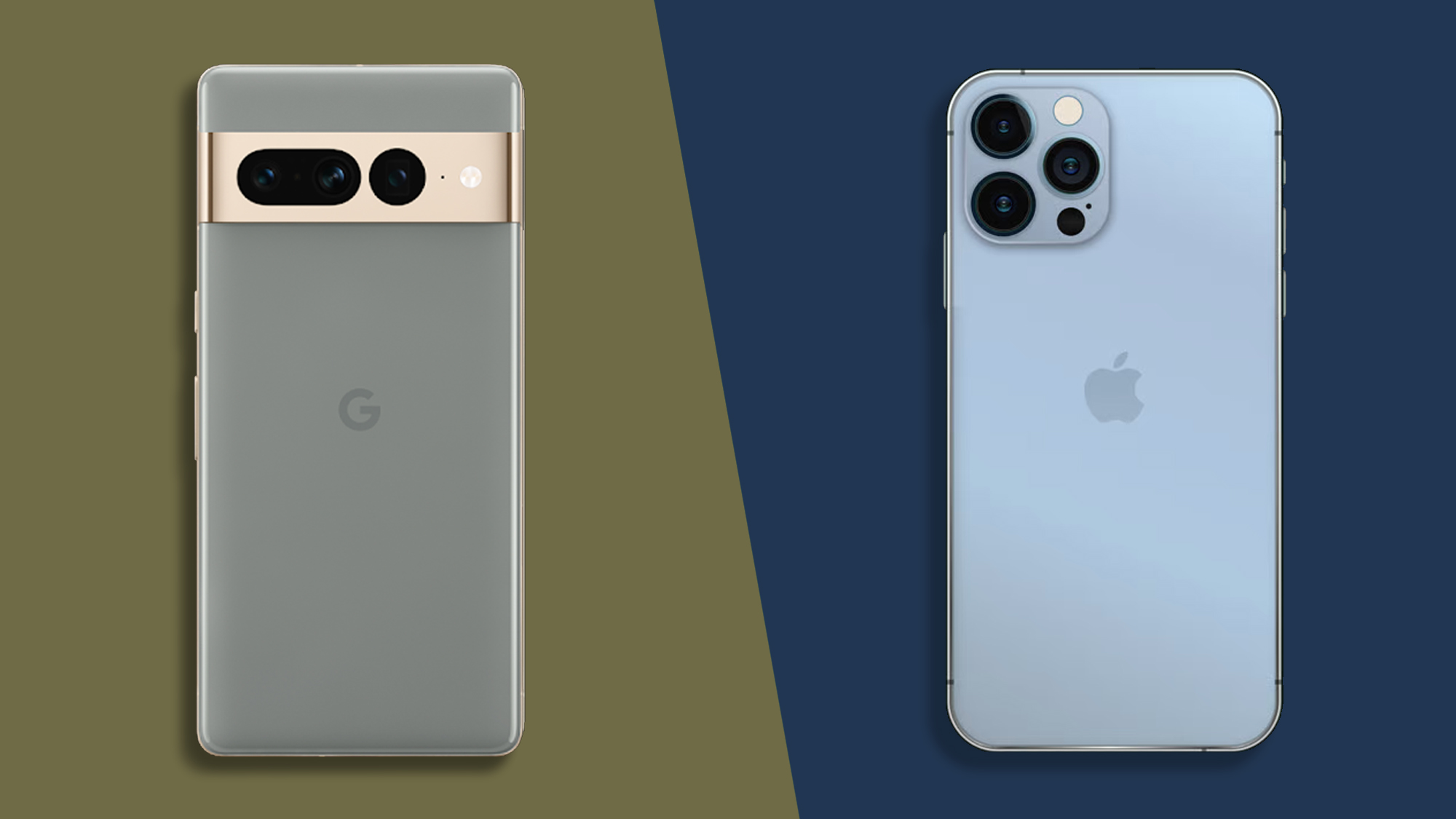 Google Pixel 7 Pro and iPhone 13 Pro Max on two-color background