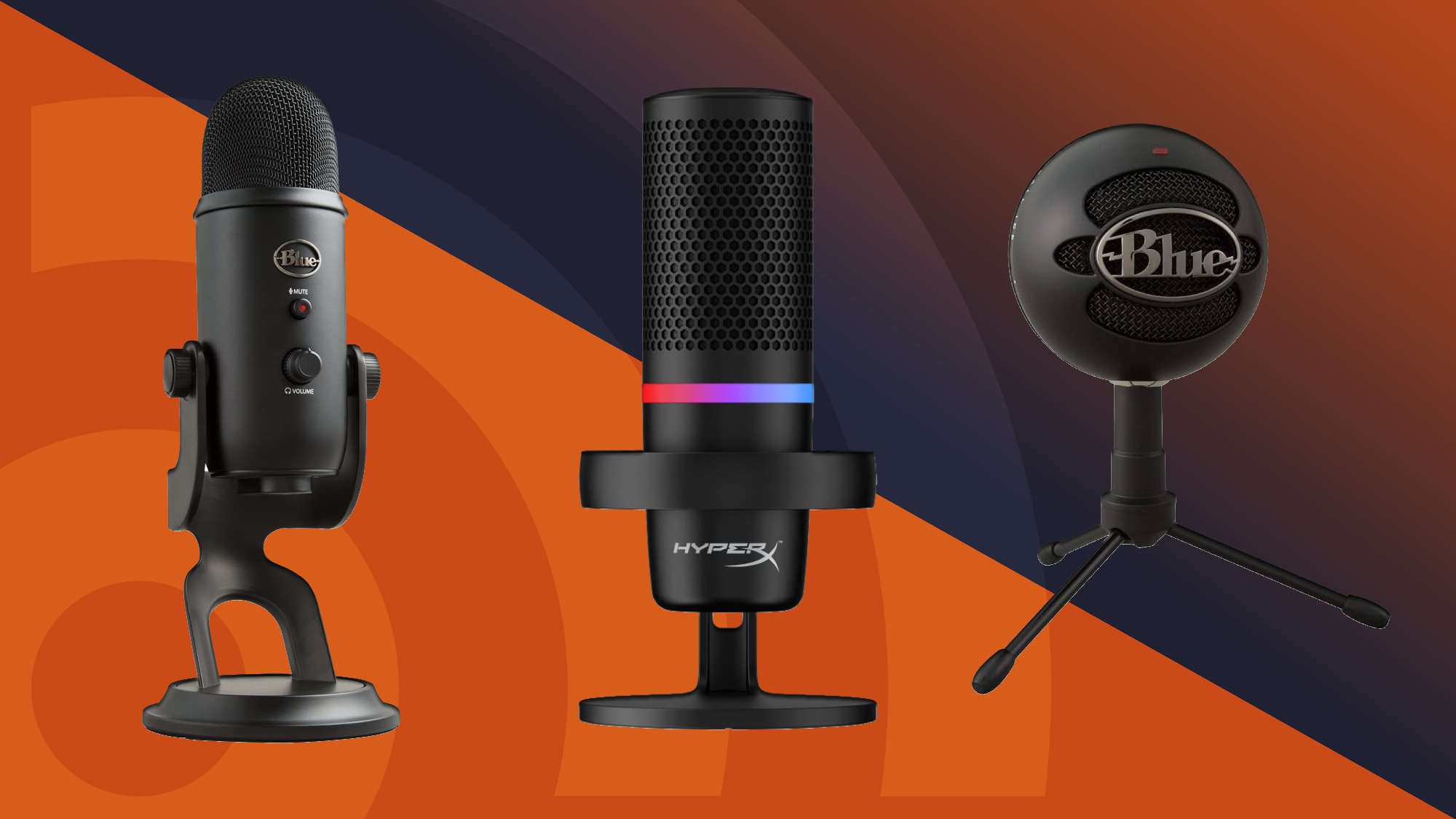 Best microphones for streaming guide featuring Blue Yeti, Blue Snowball, and HyperX Duocast mics on an orange background