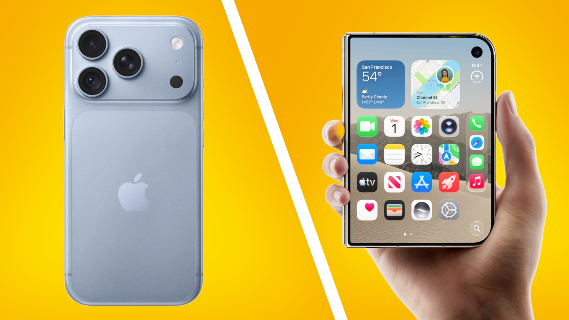 The iPhone 18 Pro alongside the iPhone Duo on a yellow background