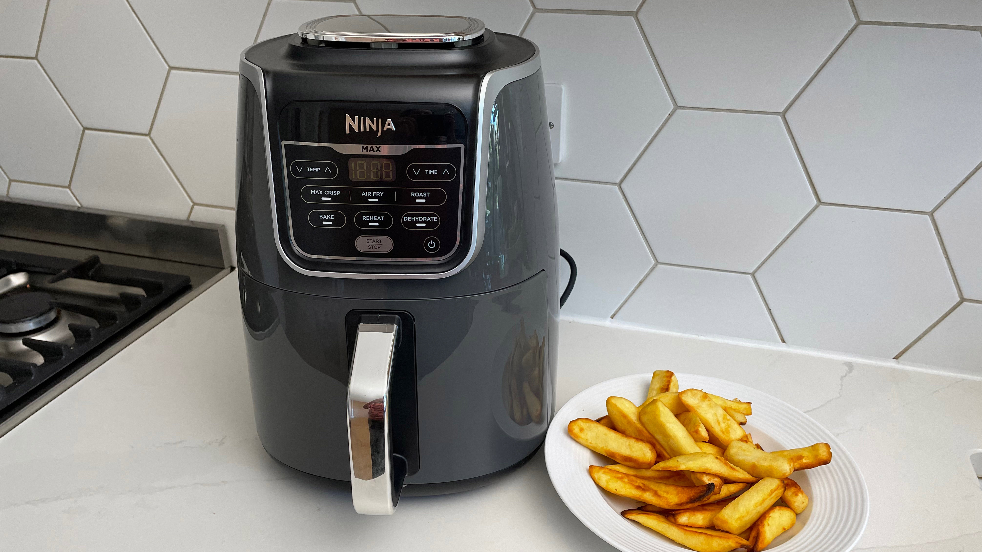 The Ninja Air Fryer Max AF160 next to a plate of chips cooked in it