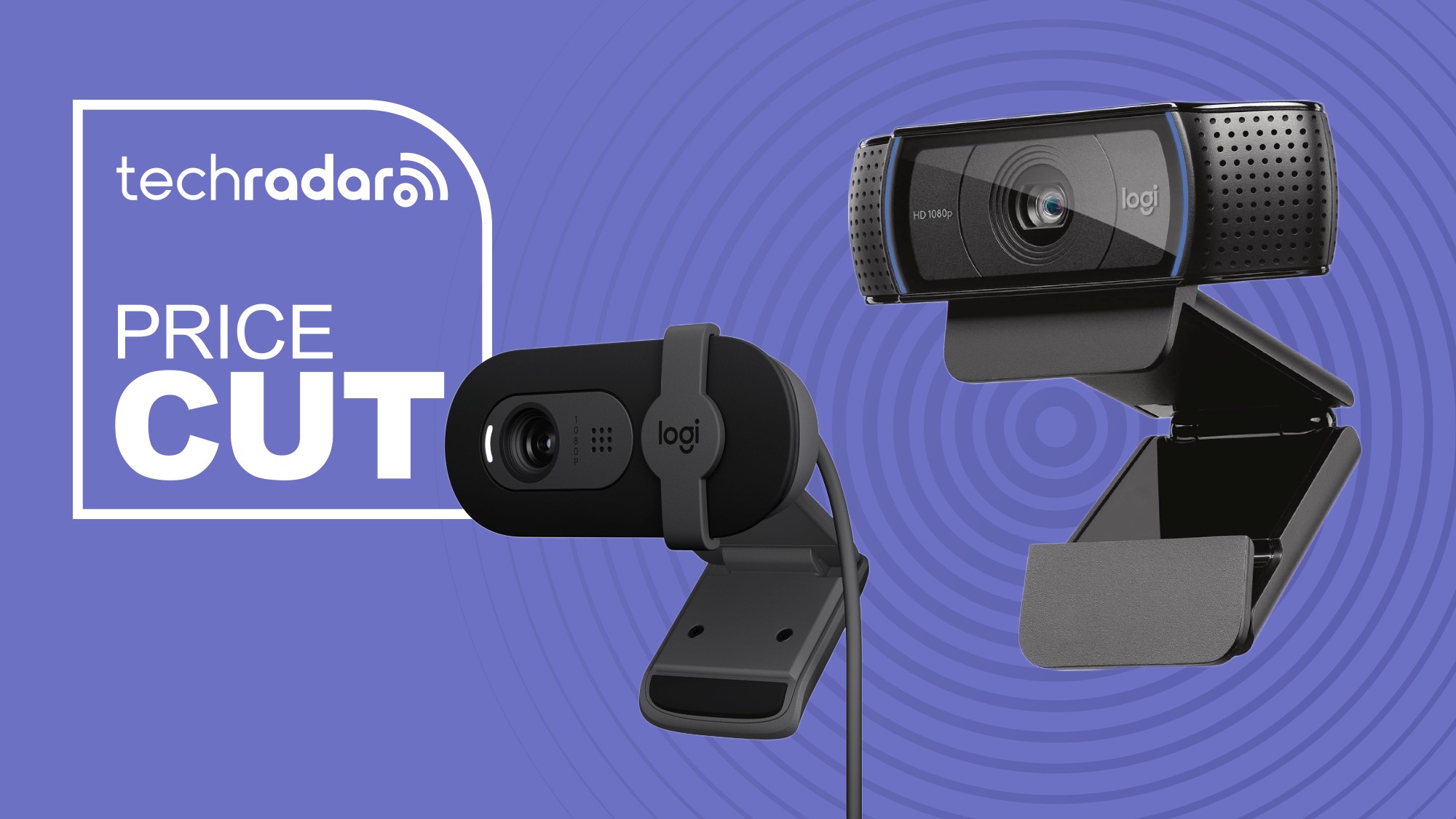 The Logitech Brio 101 and C920x  webcams on a purple background next to a white TechRadar badge in the upper left that reads 'Price Cut'