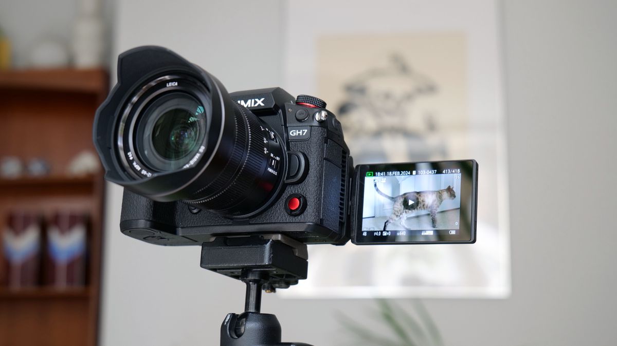 Front of the Panasonic Lumix GH7 camera with its LCD screen flipped round
