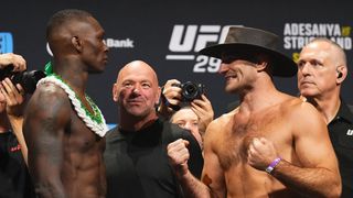 Opponents Israel Adesanya of Nigeria and Sean Strickland face off during the UFC 293 ceremonial weigh-in at Qudos Bank Arena on September 08, 2023 in Sydney, Australia.