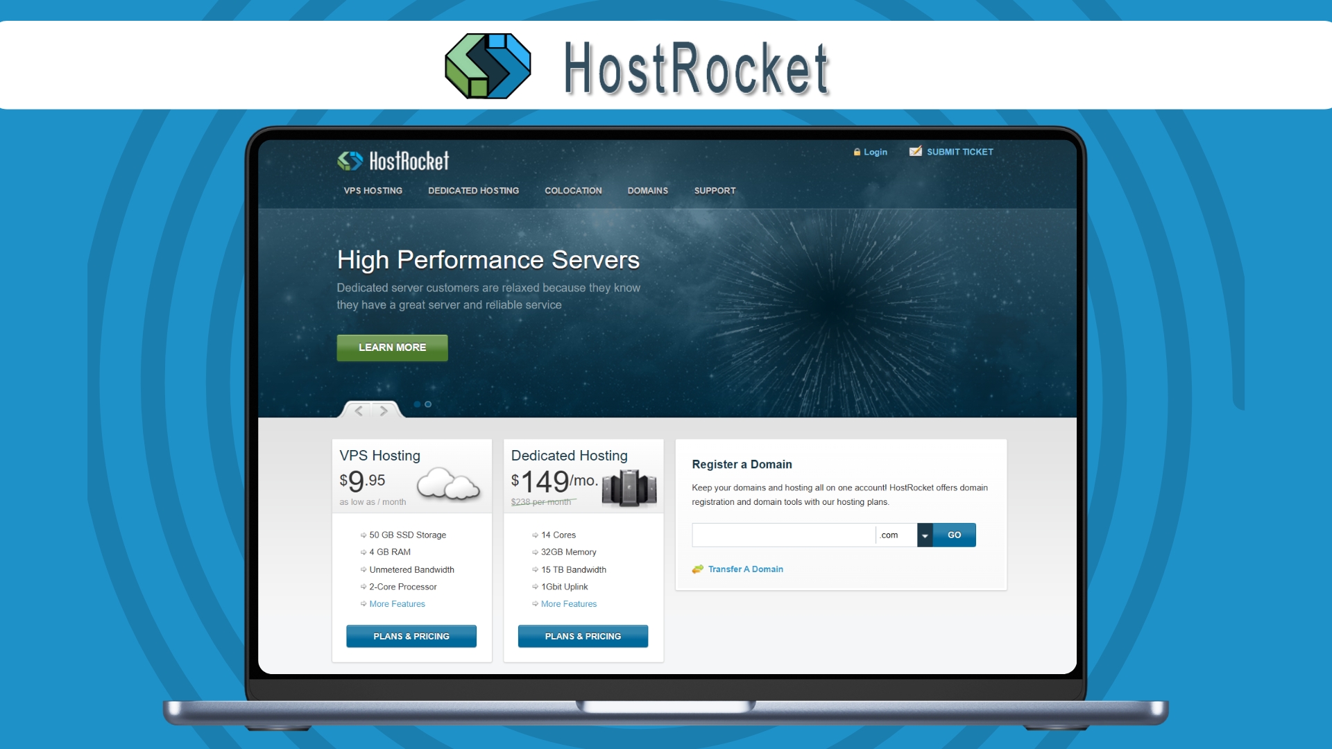 An image of the HostRocket website homepage on a laptop screen