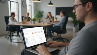 Agile crm being used on laptop during a meeting