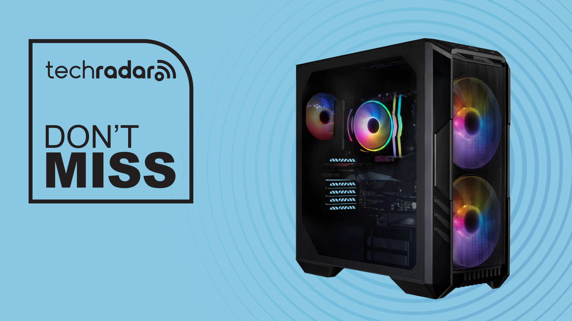 Cooler Master HAF 5 Pro gaming pc on blue background with don't miss text overlay