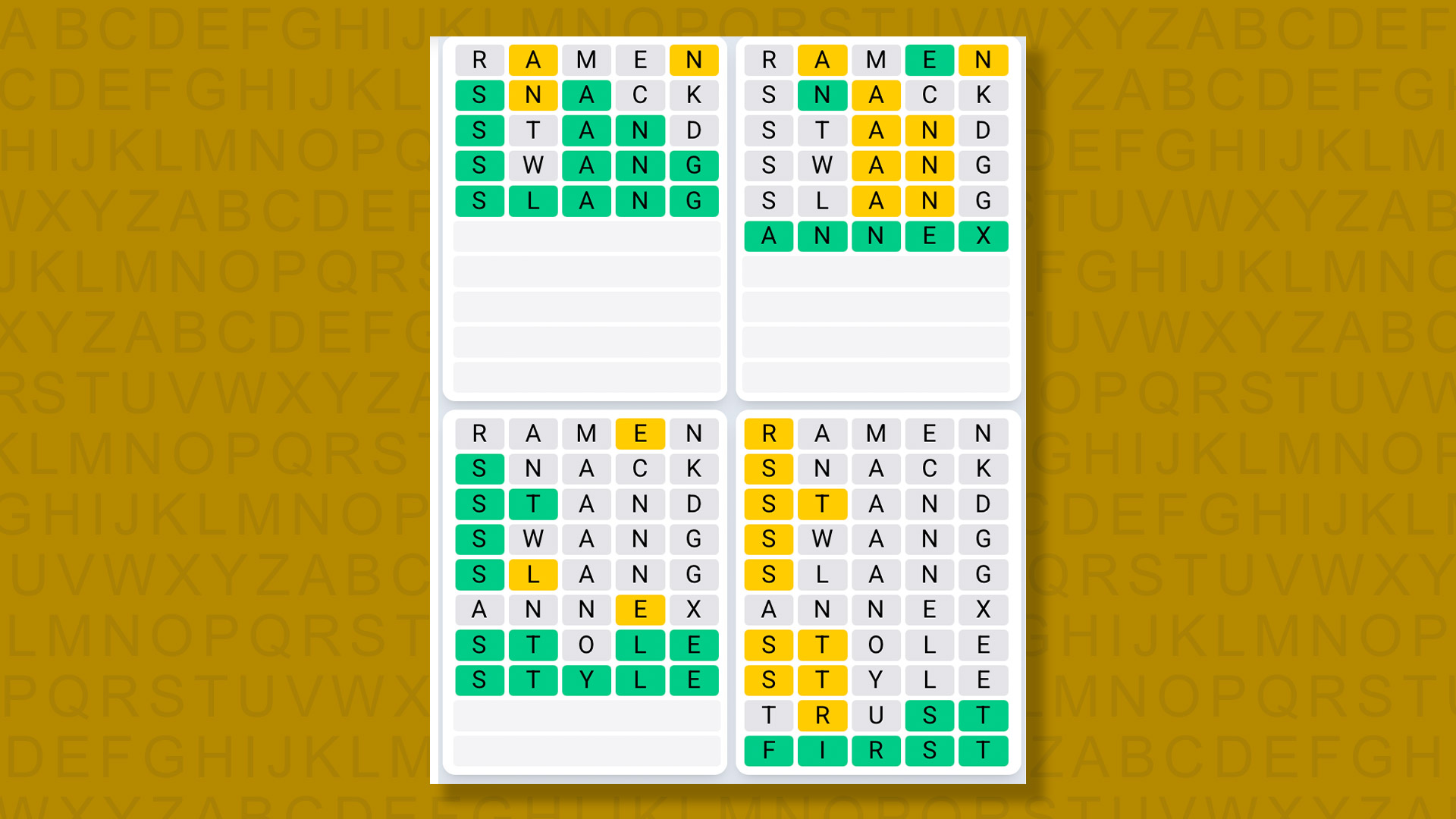 Quordle Daily Sequence answers for game 1559 on a yellow background
