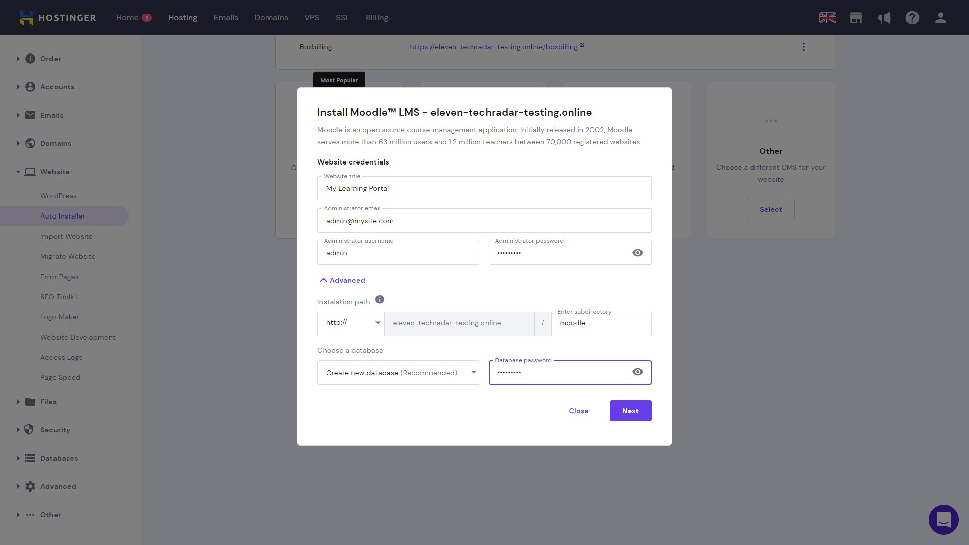 Screenshot of the Hostinger Auto Installer for Moodle
