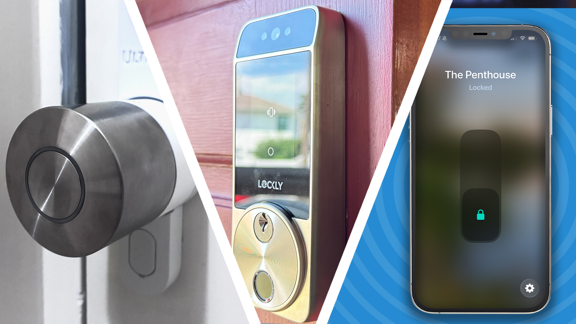 Split image of two smart locks, and app interface for unlocking a third lock