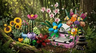 A selection of Lego Botanicals sets against a background for foliage