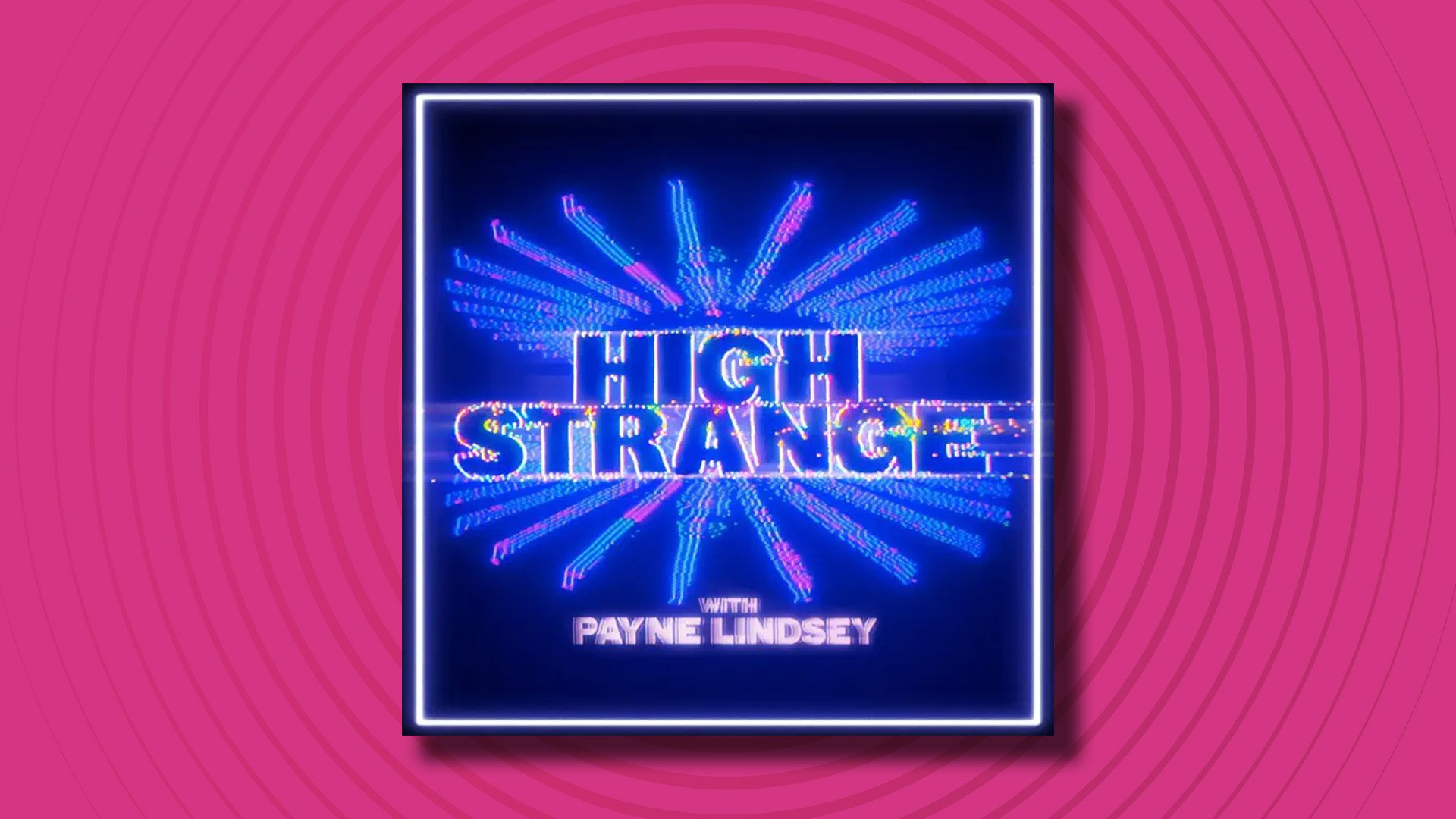 The logo of the High Strange podcast on a pink background