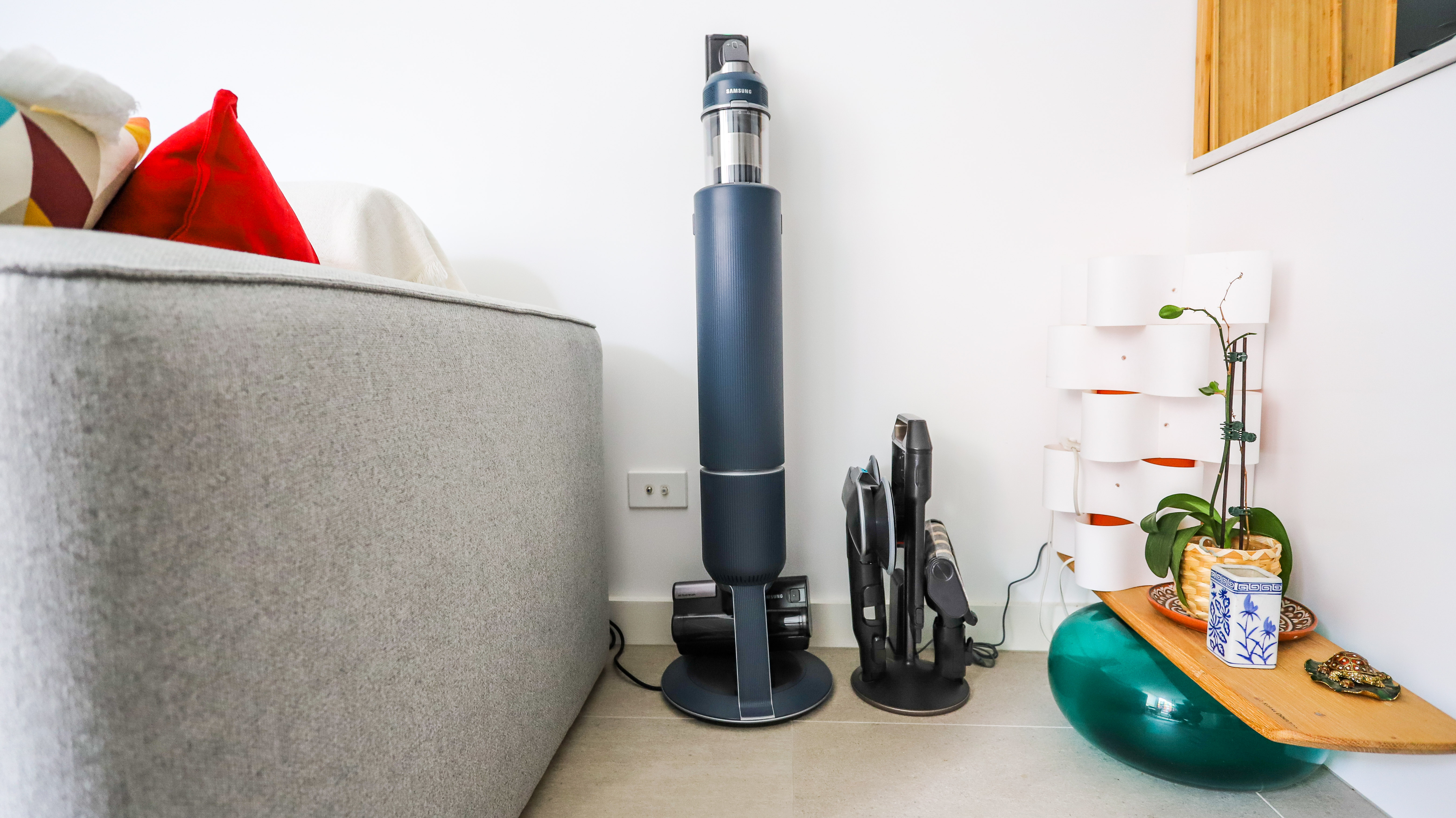 Samsung Bespoke Jet Clean Station and Accessory Cradle standing side by side