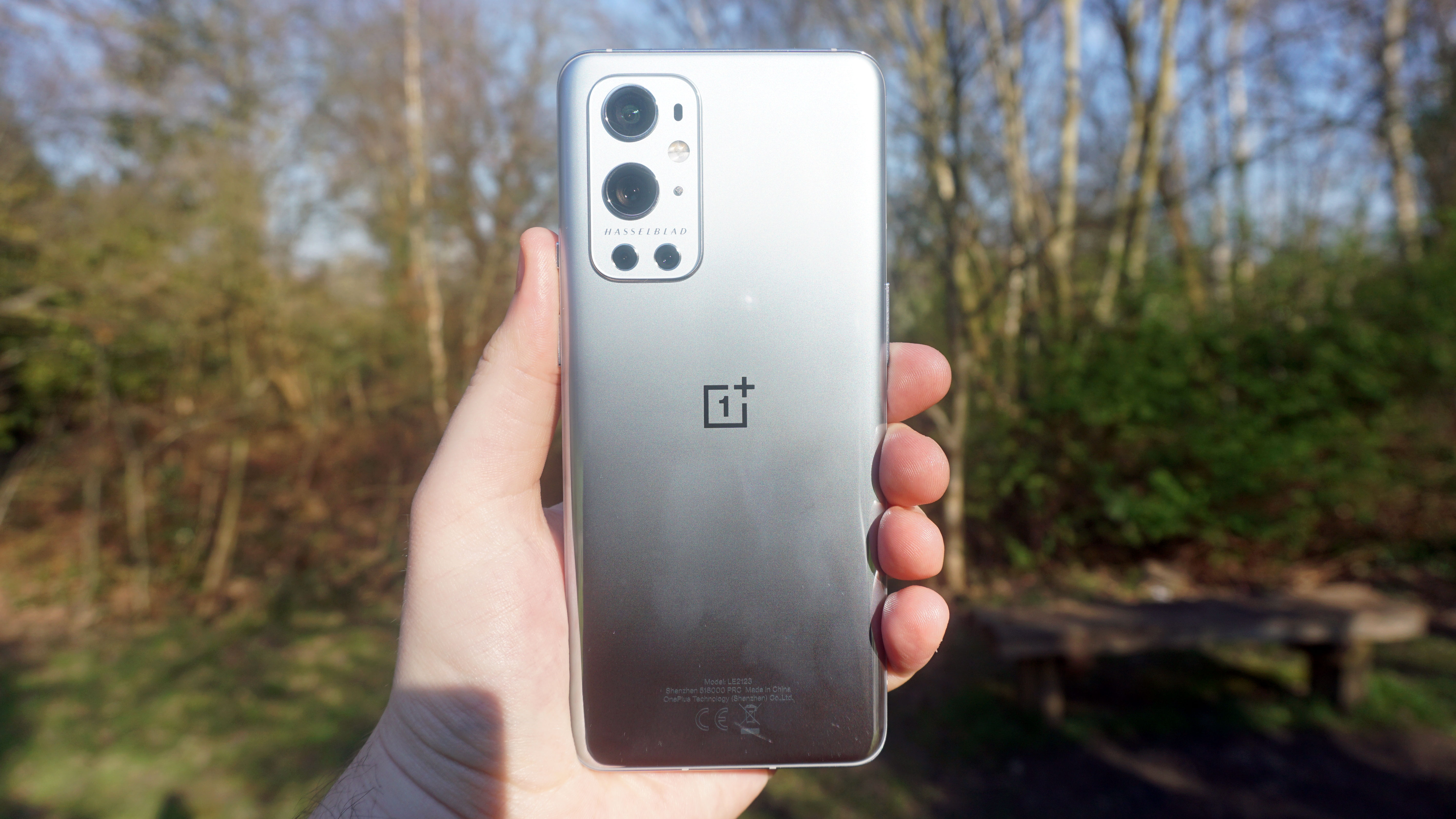 A OnePlus 9 Pro from the back, in someone's hand