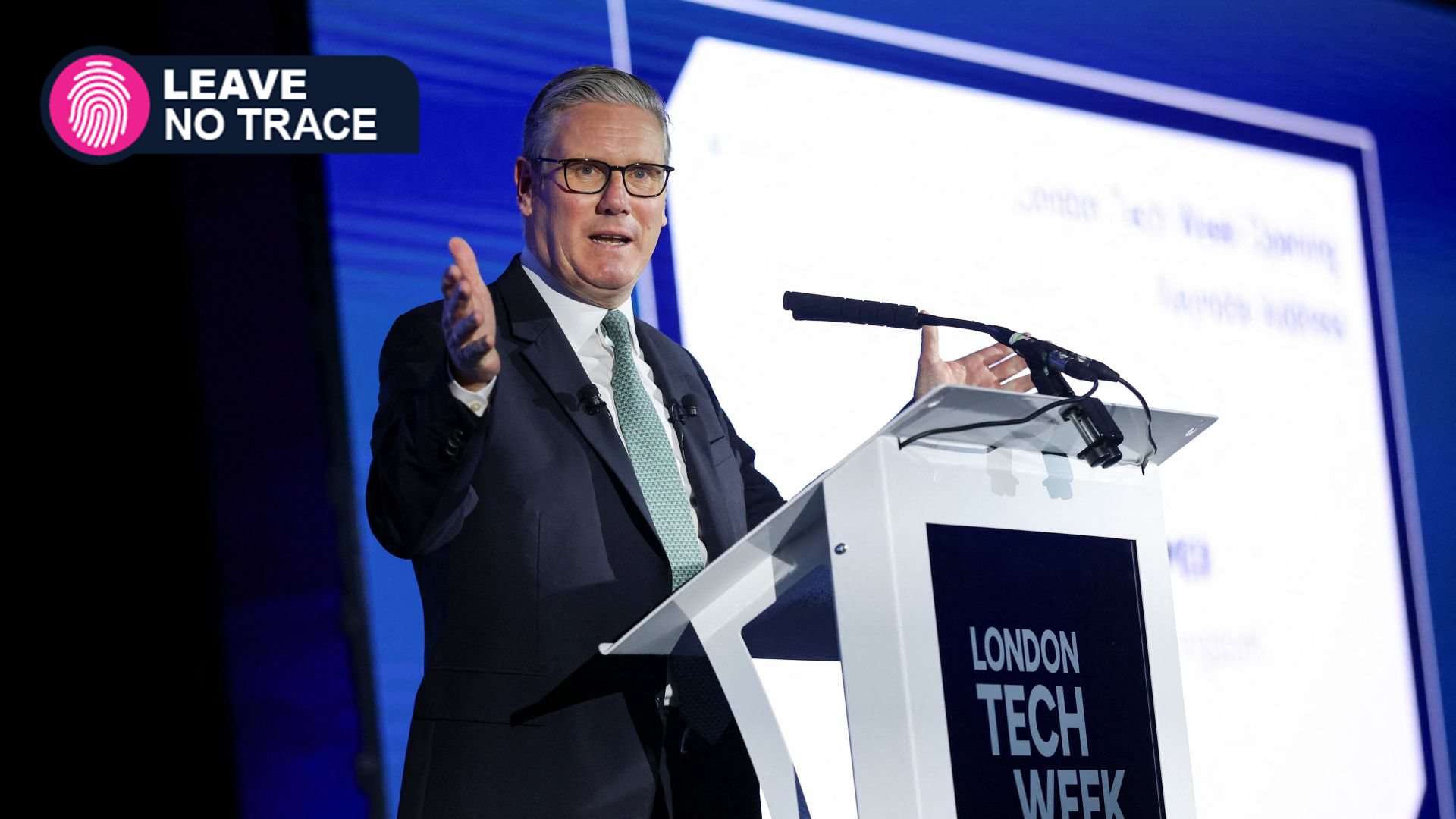 British Prime Minister Keir Starmer delivers a speech at London Tech Week on June 8, 2026 in London, England + TechRadar's Leave No Trace logo on top left corner