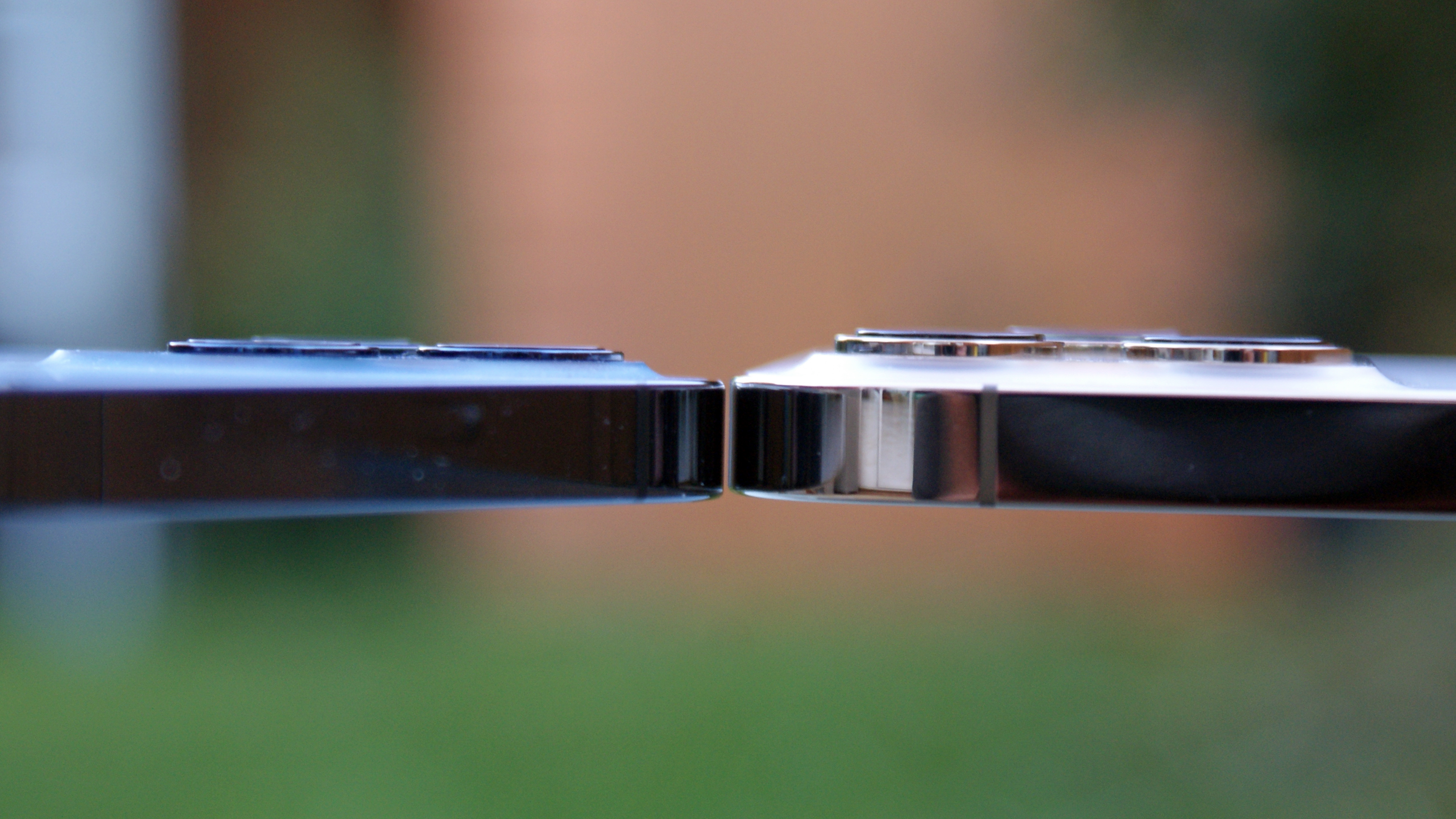 The iPhone 12 Pro Max camera bump next to the iPhone 12 Pro camera bump