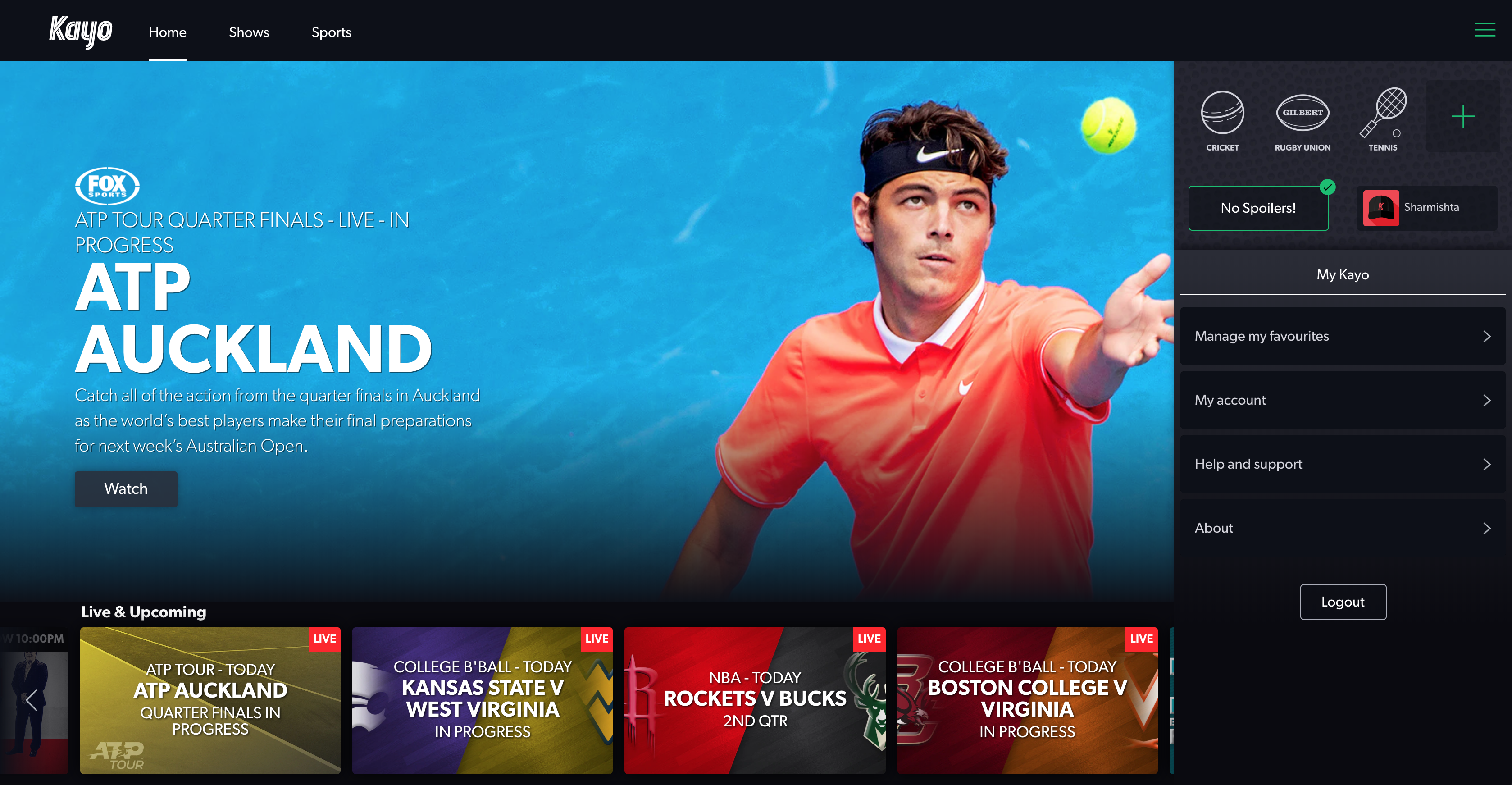The ATP tour tennis on Kayo Sports